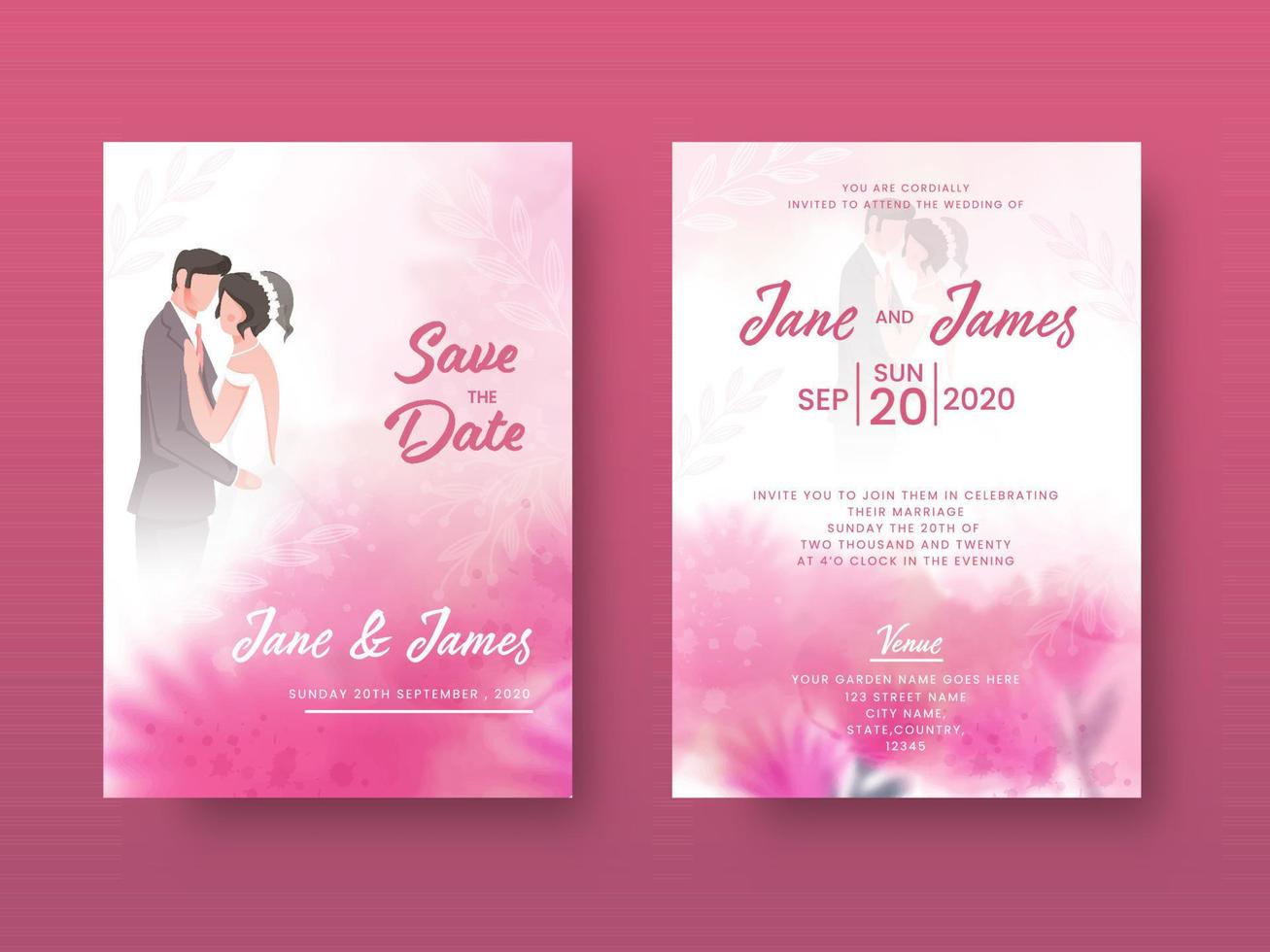 Beautiful Wedding Invitation Cards with Pink Watercolor Floral Blurred Background. vector