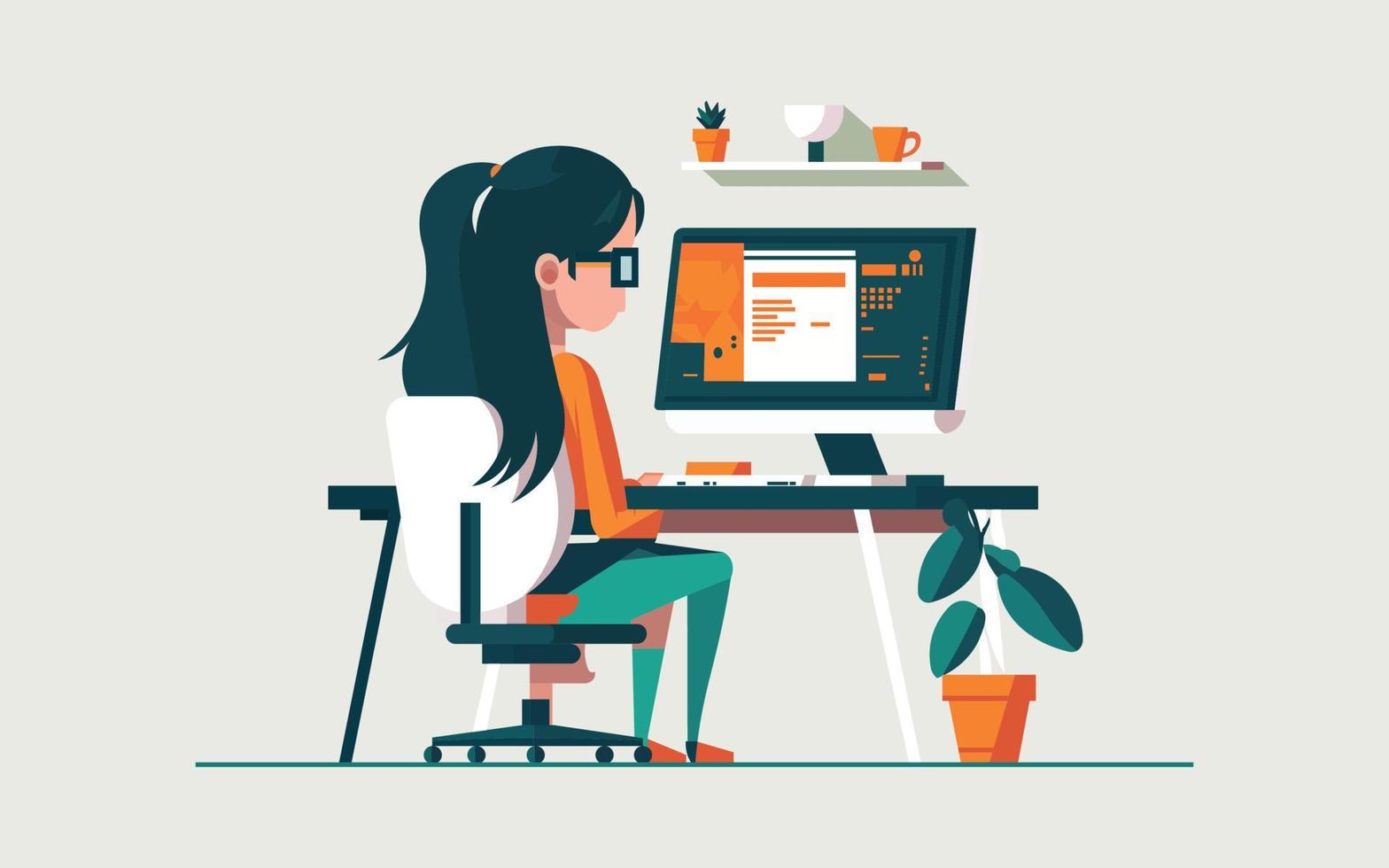 Woman sitting at workspace vector. vector