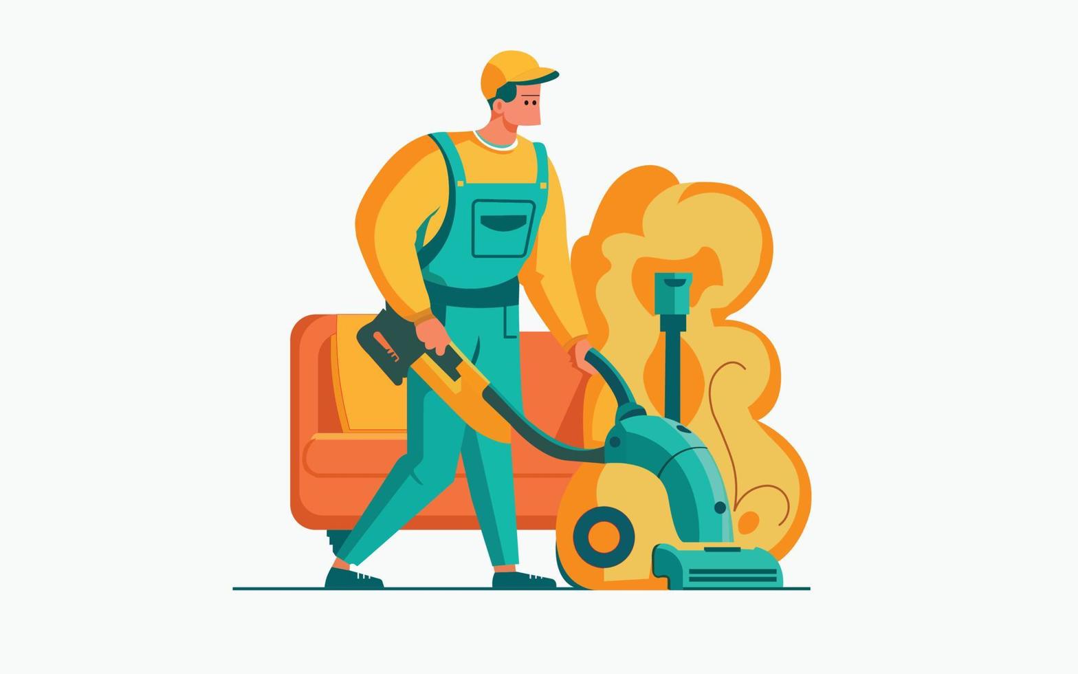 Man with a washing vacuum cleaner. Cleaning company staff. Vector cartoon illustration isolated on white background. stock illustration