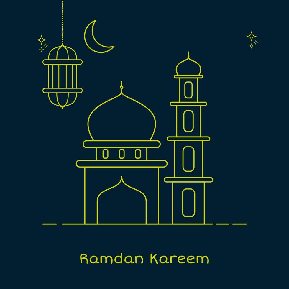 moon, lantern and mosque line icon. ramadan kareem design template. minimal and simple concept. dark blue and yellow. used for greeting card or symbol vector