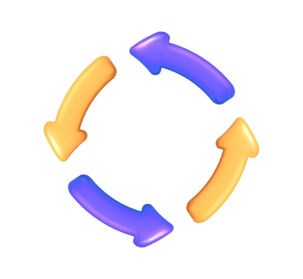 3d icon vector yellow and purple four round cycle arrows. Mesh concept of reload files or information. Round reboot refresh graphic navigation system