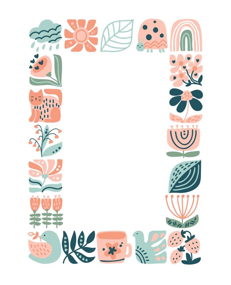 vector primavera étnico logo composición modelo marco loseta mosaico de pájaro, flor, hoja, fresa y rama. linda boho ilustración en mano dibujado constructor en cuadrado para escandinavo saludo tarjeta