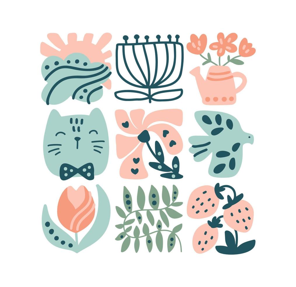 Vector spring ethnic logo composition pattern of bird, flower, leaf, strawberry and branch. Cute boho illustration in hand drawn constructor in square for tile mosaic scandinavian greeting card