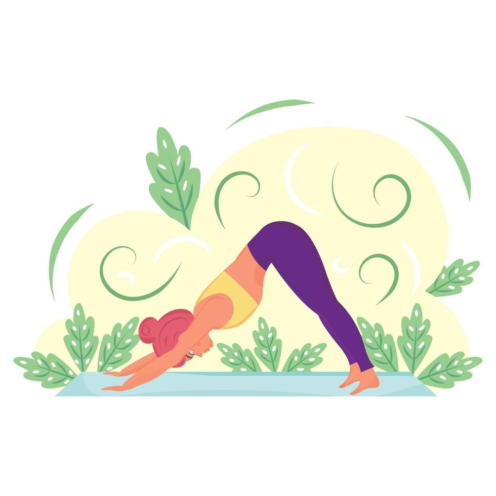 plano niña personaje en un natural ambiente haciendo yoga vector ilustración