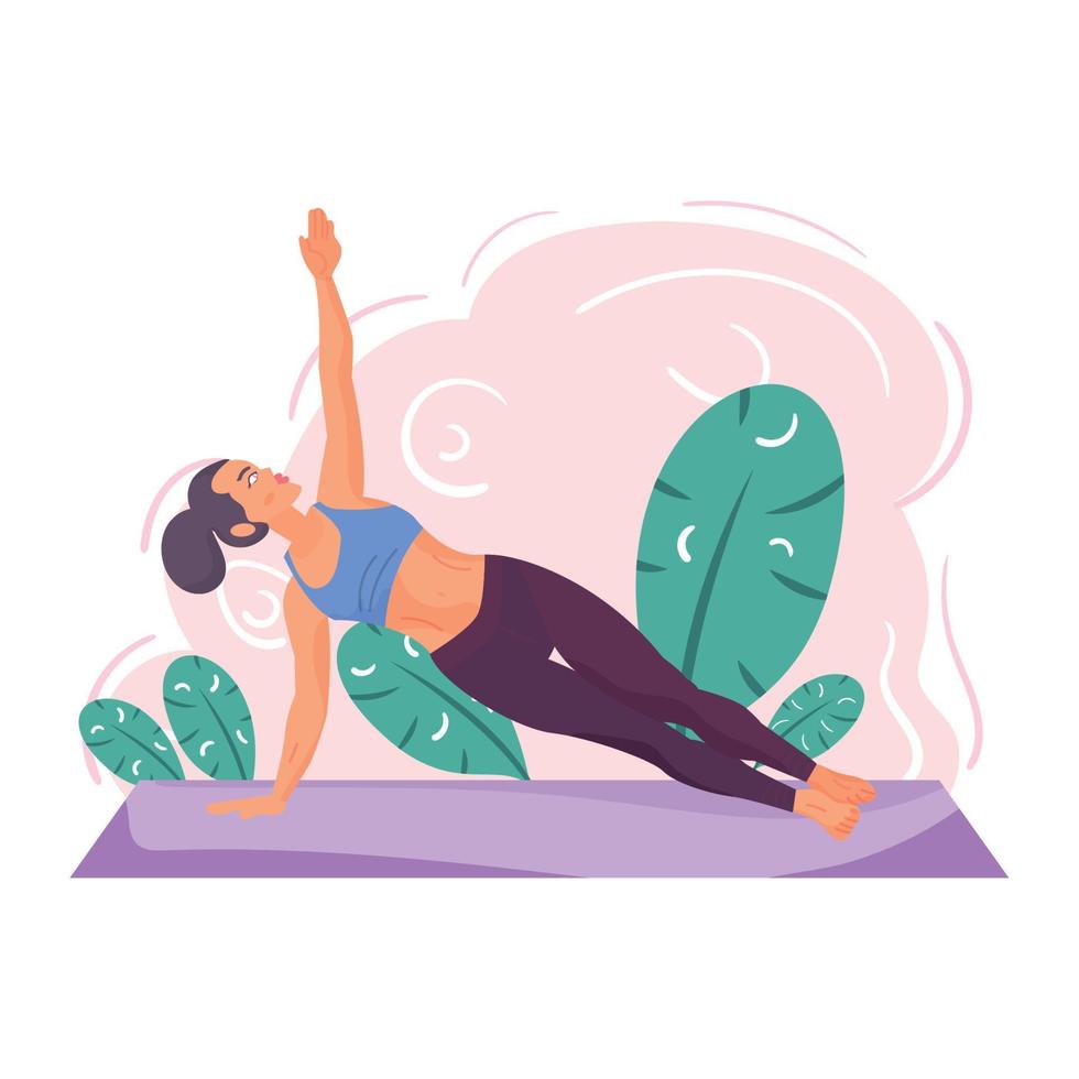 Flat girl character on a natural environment doing yoga Vector illustration