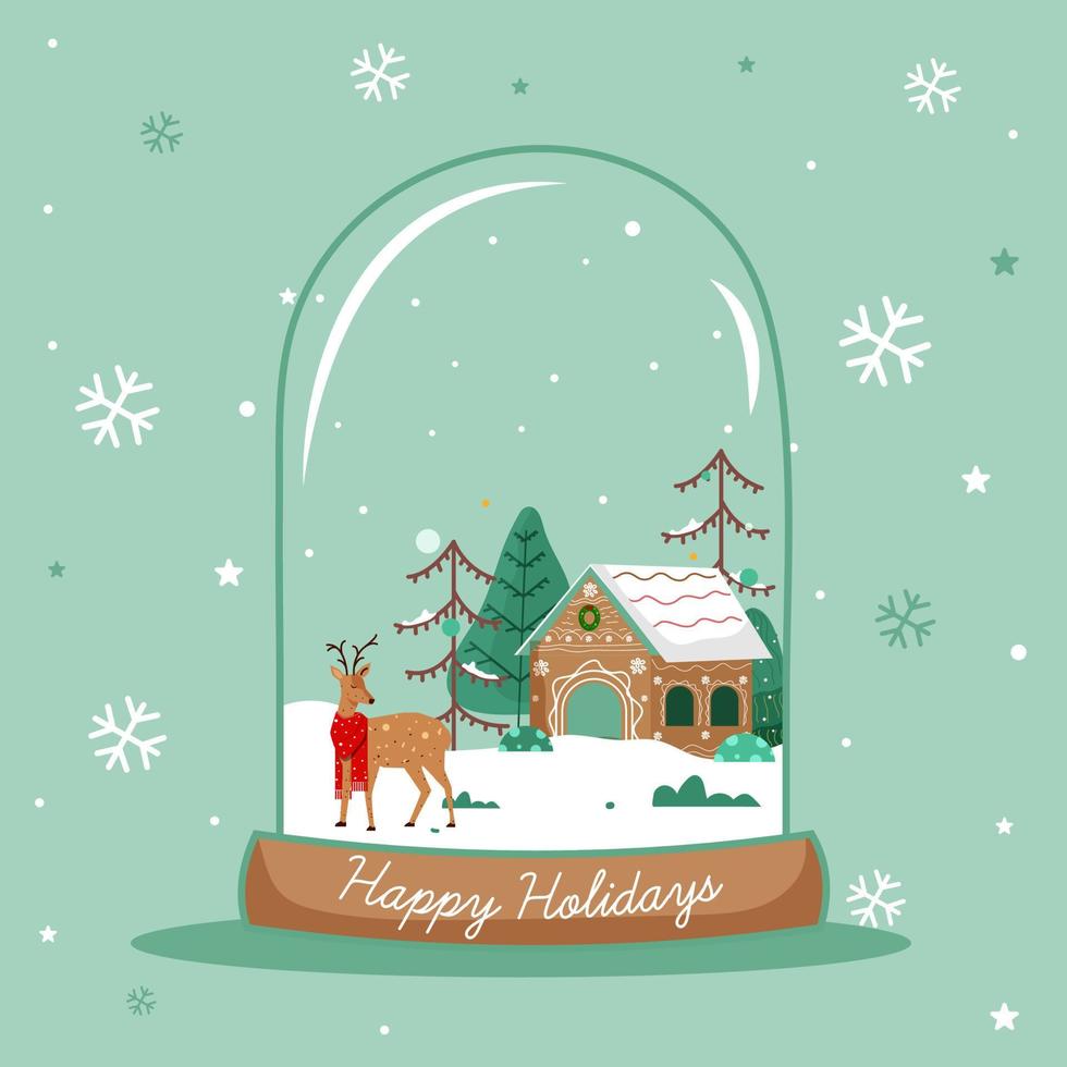Vector Illustration Of House With Reindeer And Tree Inside Snow Globe For Happy Holidays.