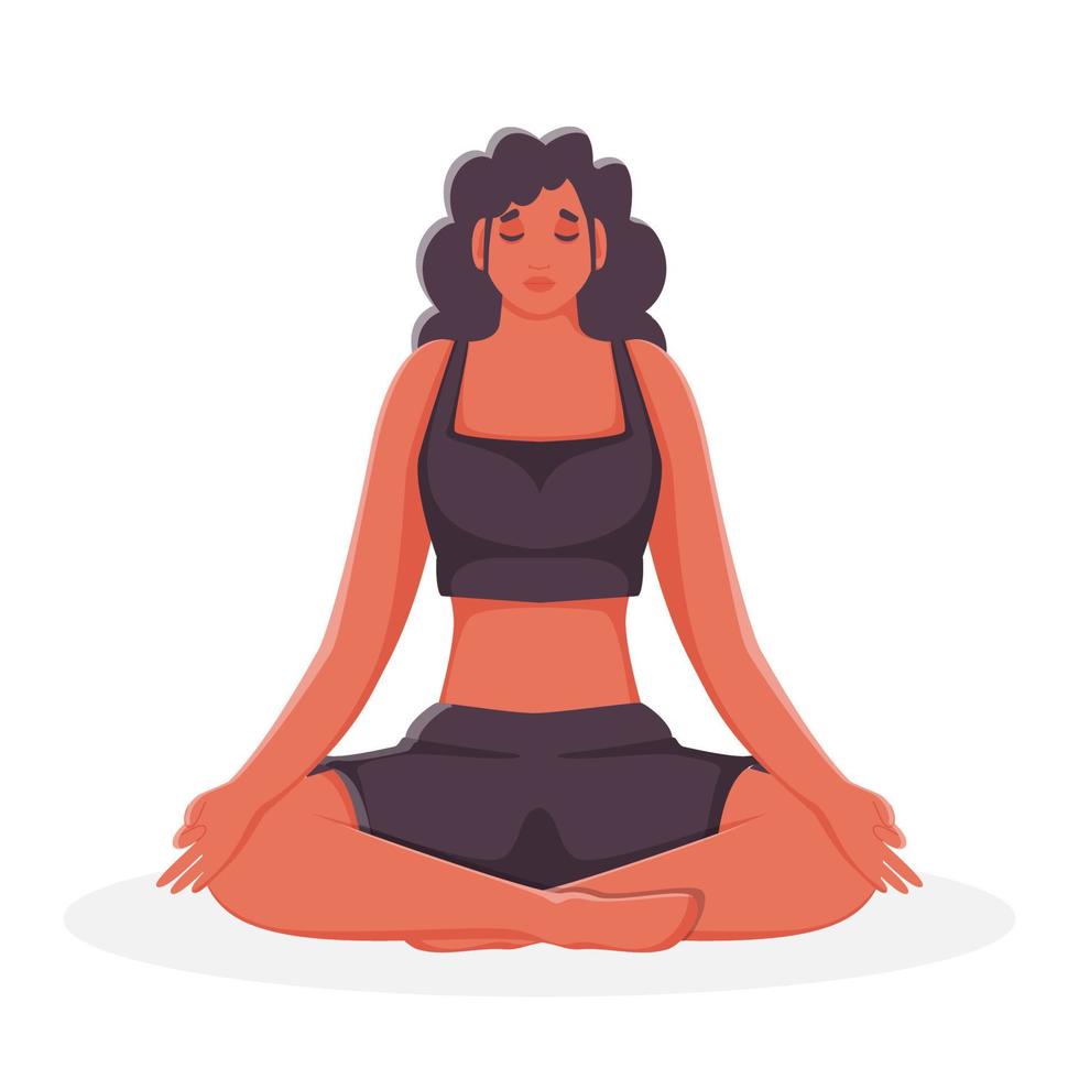 personaje de joven niña meditando en loto pose. vector