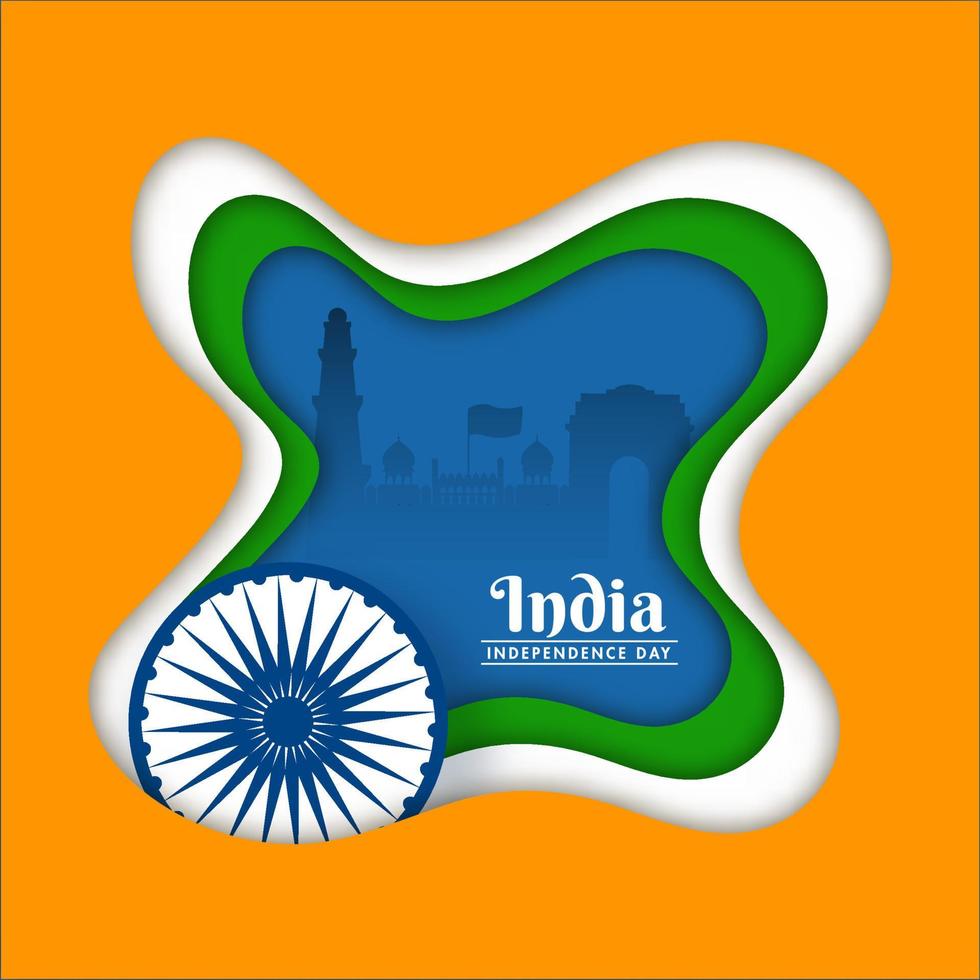 Indian Flag Color Paper Cut Background with Ashoka Wheel and Blue Silhouette India Famous