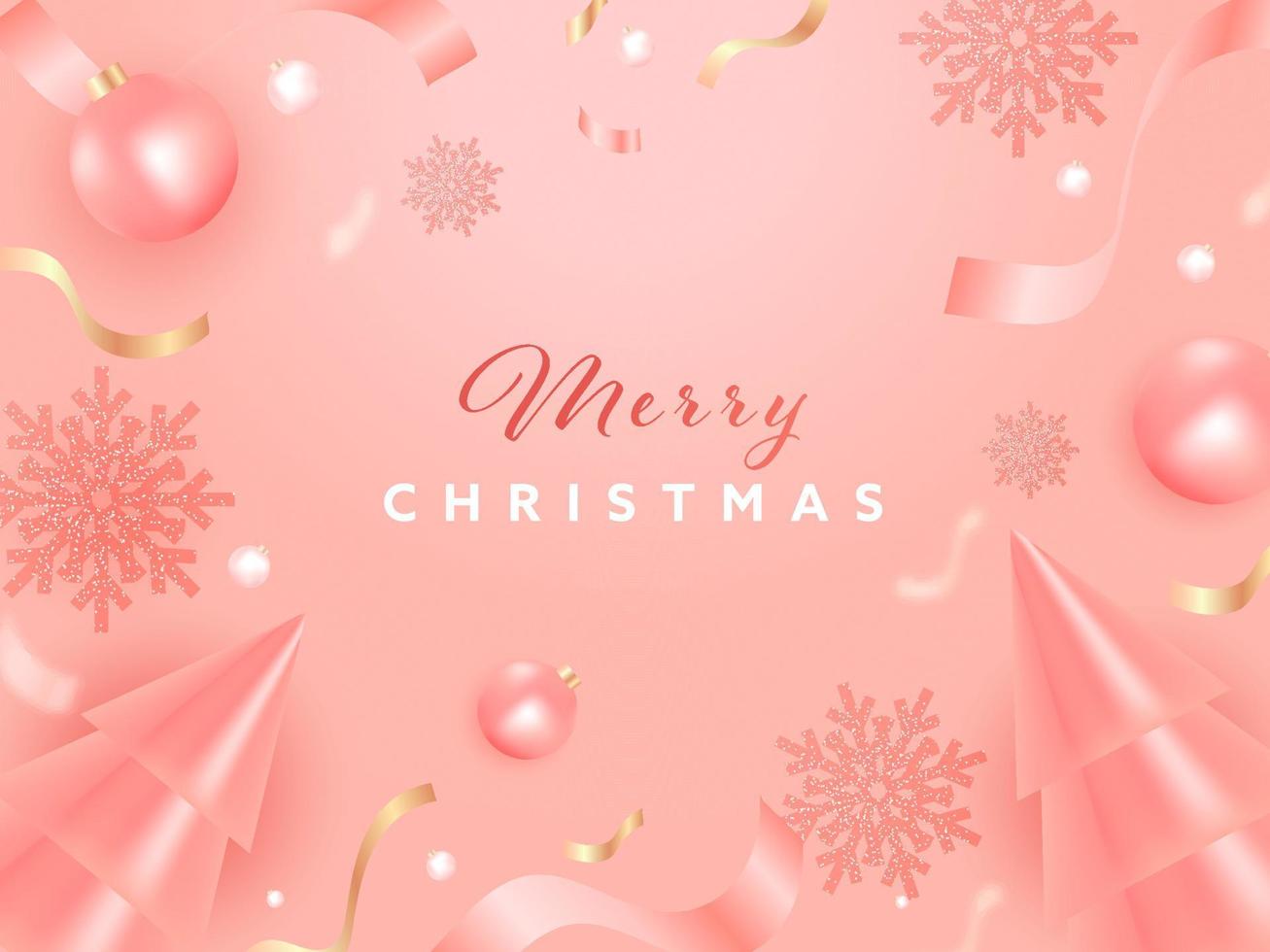 3D Xmas Trees With Baubles, Snowflakes And Confetti Ribbons Decorated On Glossy Pink Background For Merry Christmas. vector