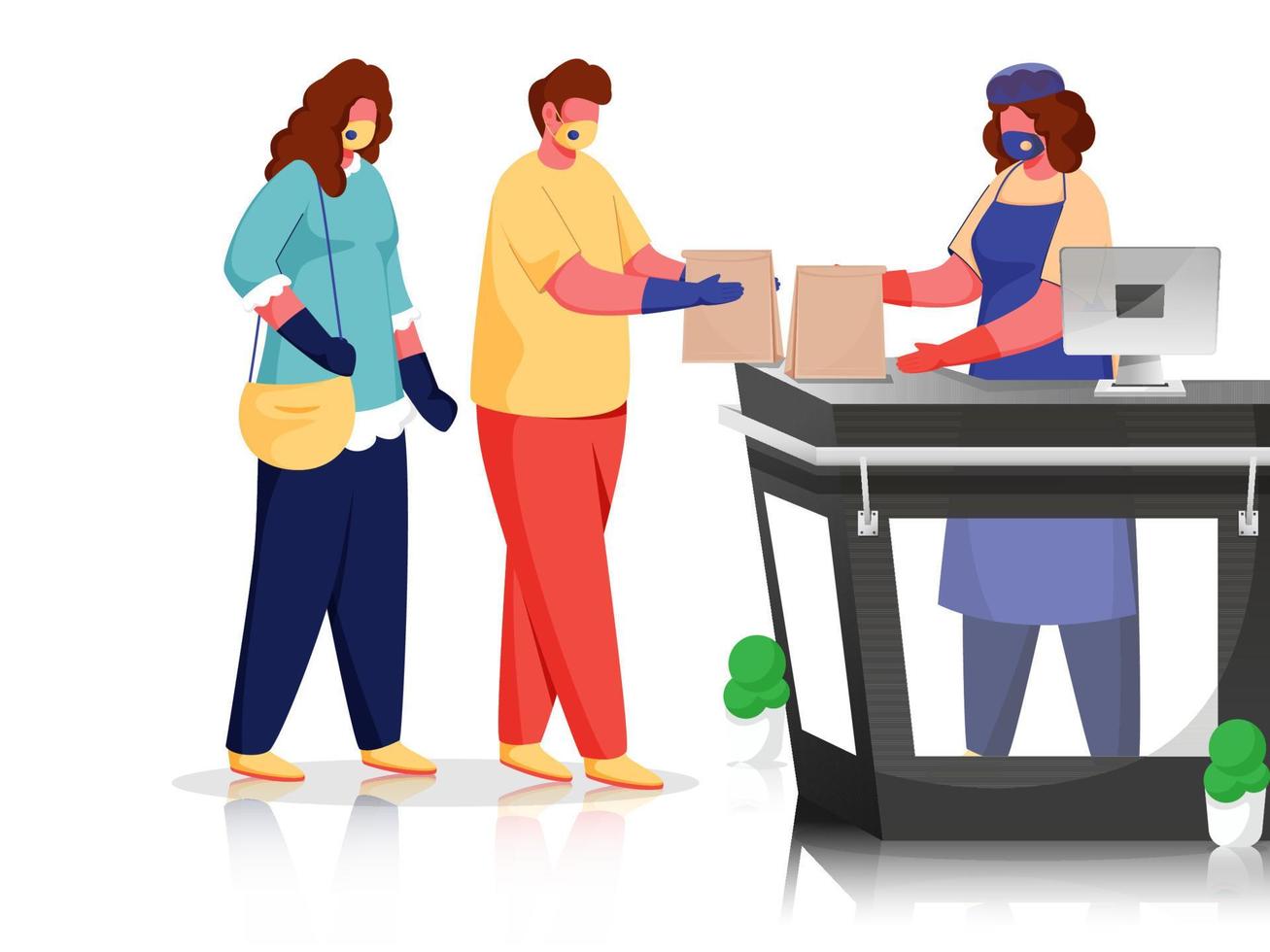 Customers And Shopper Wear Protective Mask At Counter With Paper Bags For Avoid Coronavirus. vector