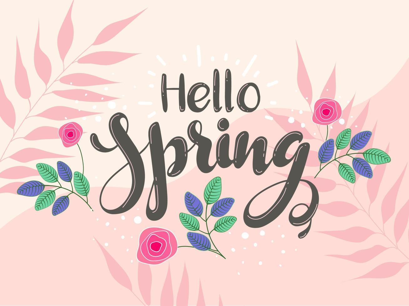 Hello Spring Font with Rose Flowers and Leaves on Peach Pink Background. vector