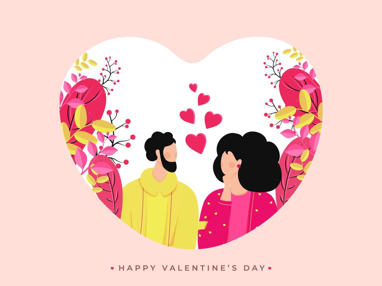 sin rostro amante Pareja personaje en corazón forma naturaleza ver con rosado antecedentes para contento San Valentín día celebracion. vector