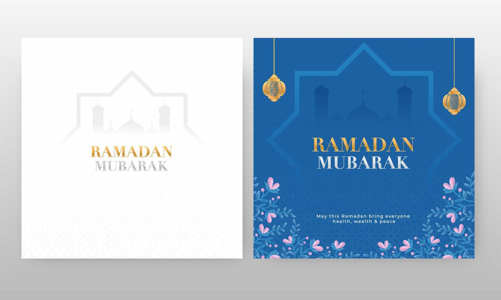 Ramadan Mubarak Greeting Card with Silhouette Mosque, Hanging Golden Lanterns and Floral in Blue and White Arabic Pattern Background. vector