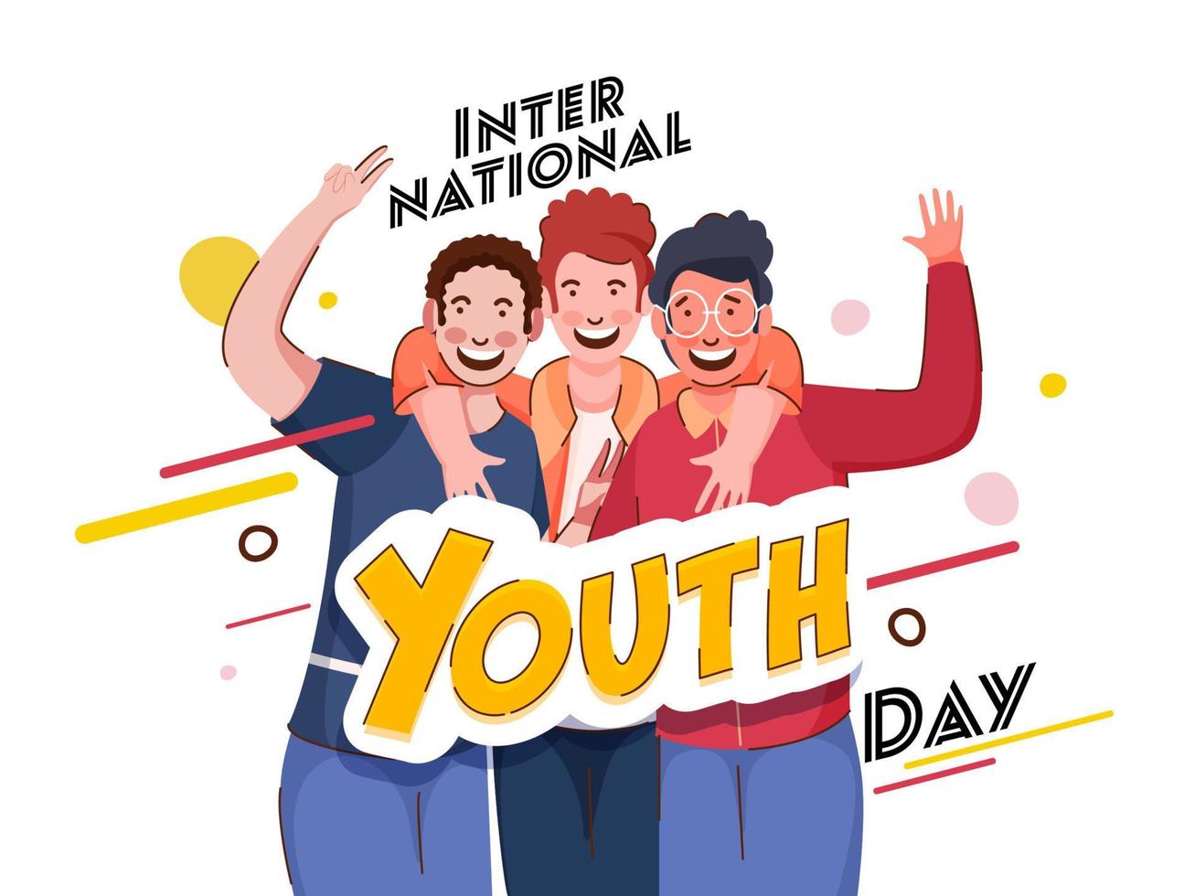 Stylish International Youth Day Text With Cheerful Young Boys In Photo Capture Action On White Background. vector