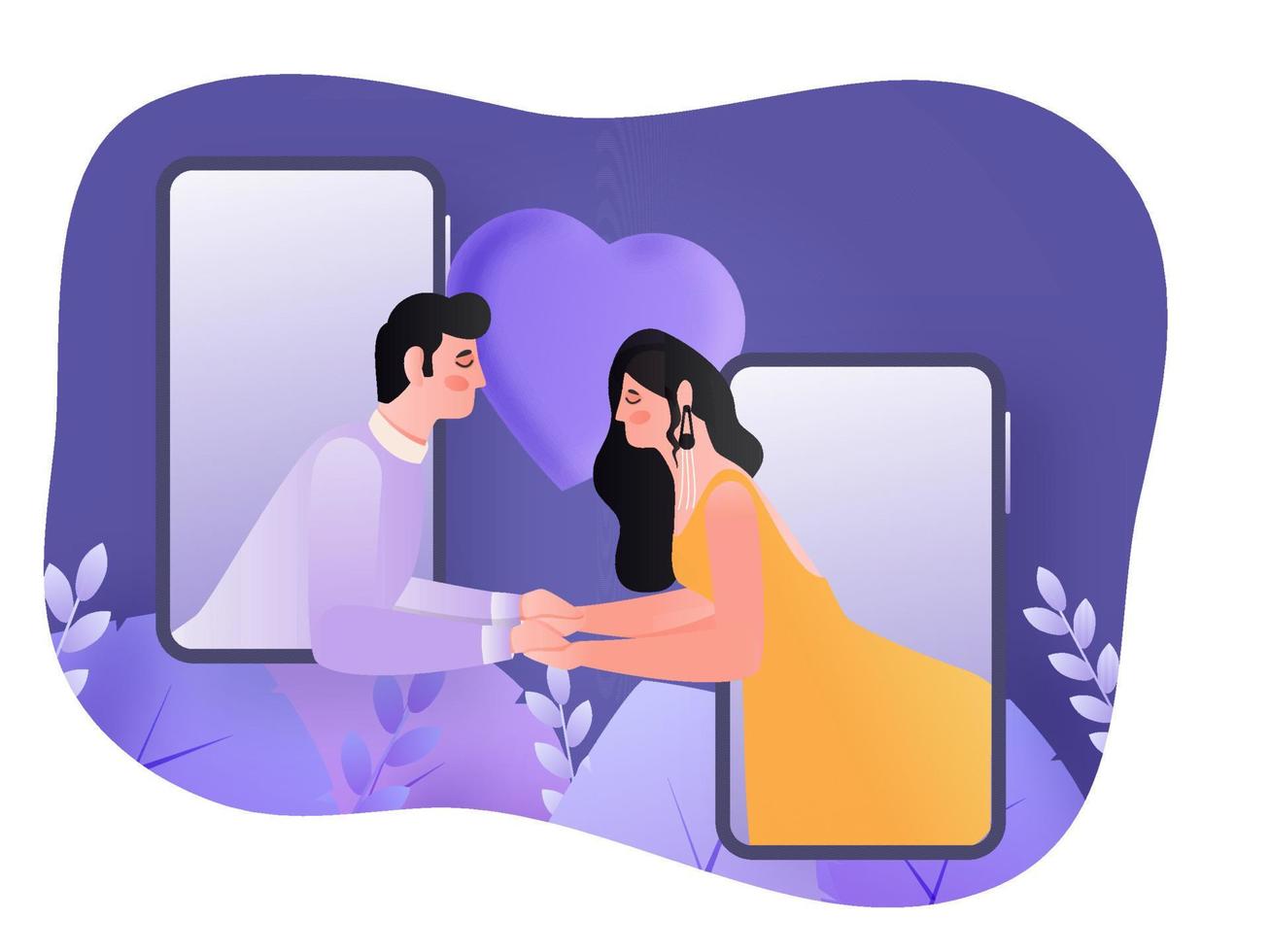 Illustration Of Young Couple Holding Hands Each Other Through Video Call With Glossy Heart On Blue And White Nature Background. vector