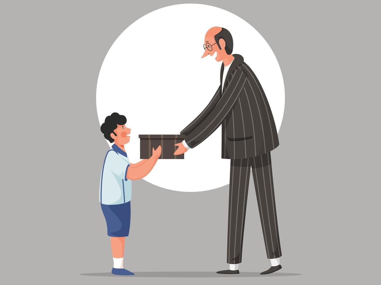 Teacher Man and Student Boy Holding a Gift Box on Grey Background. vector