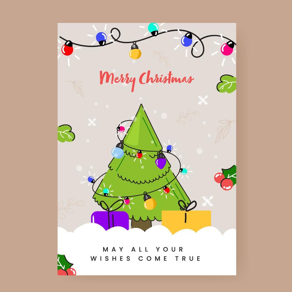 alegre Navidad modelo o volantes diseño con decorativo Navidad árbol, regalo cajas y Encendiendo guirnalda en antecedentes. vector