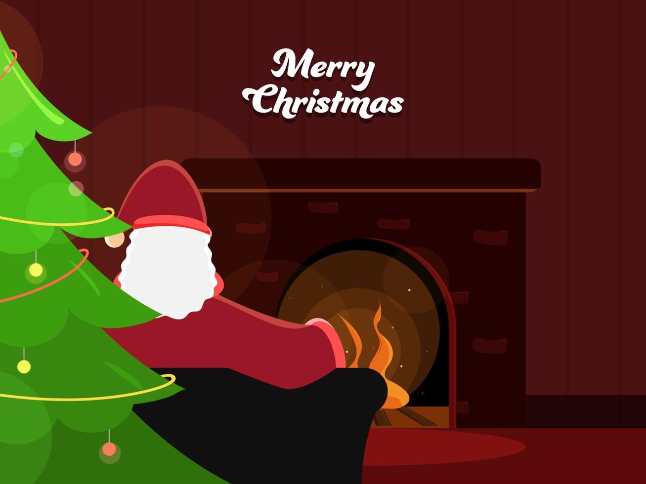 Back View of Santa Claus Sitting on Sofa with Decorative Xmas Tree in Fireplace Room For Merry Christmas Celebration Concept. vector