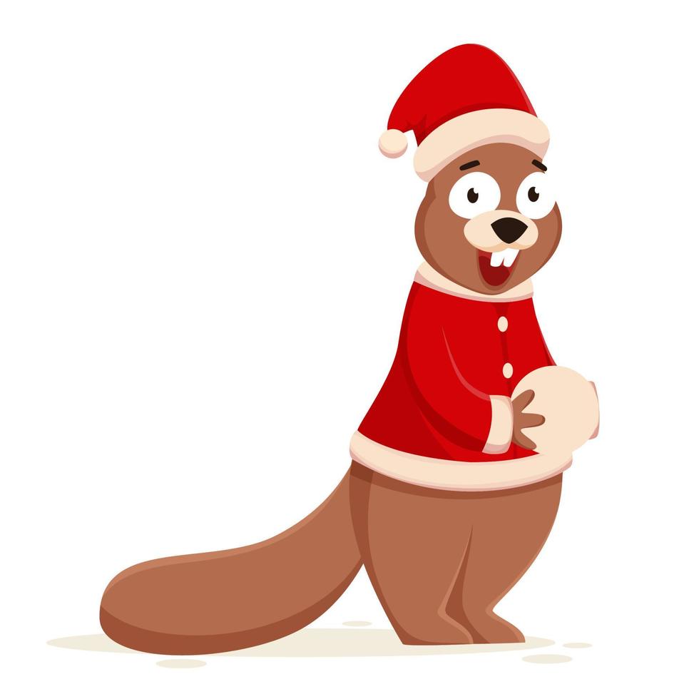 Cartoon Squirrel Holding Snowball and Wear Santa Hat with Jacket. vector