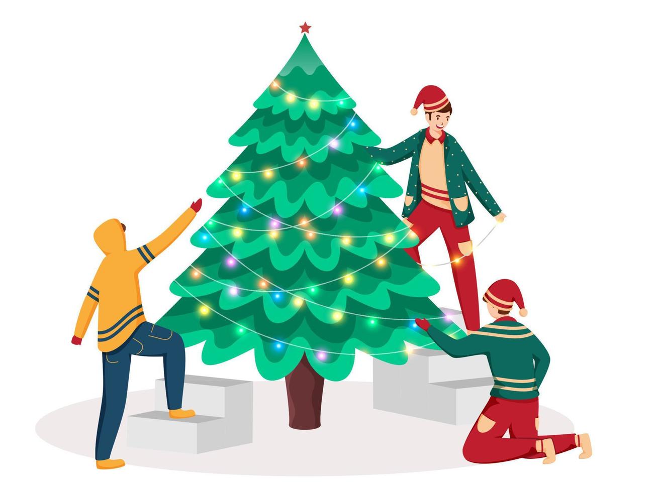 Three Cartoon Young Boy Decorated Christmas Tree On White Background. vector