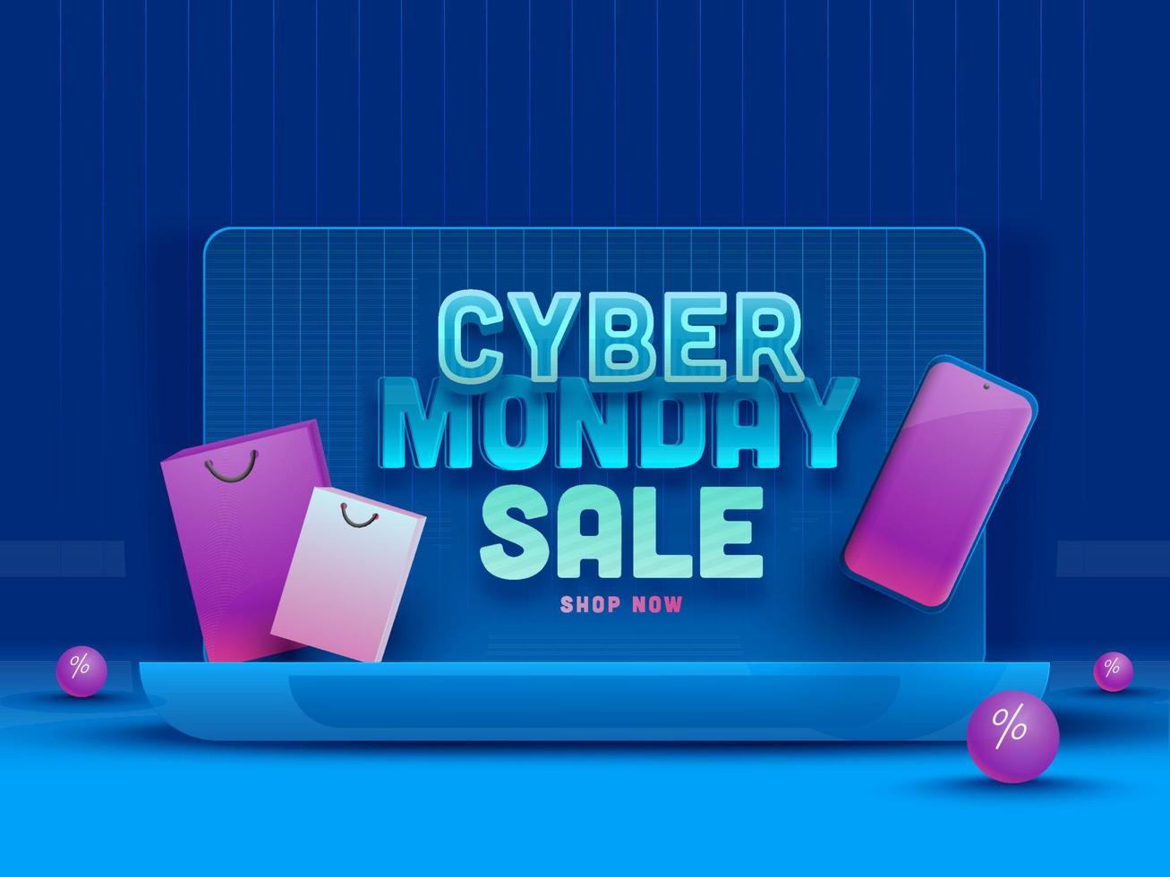 Cyber Monday Sale Poster Design with Laptop, Smartphone, Shopping Bags and Balls on Glossy Blue Background. vector