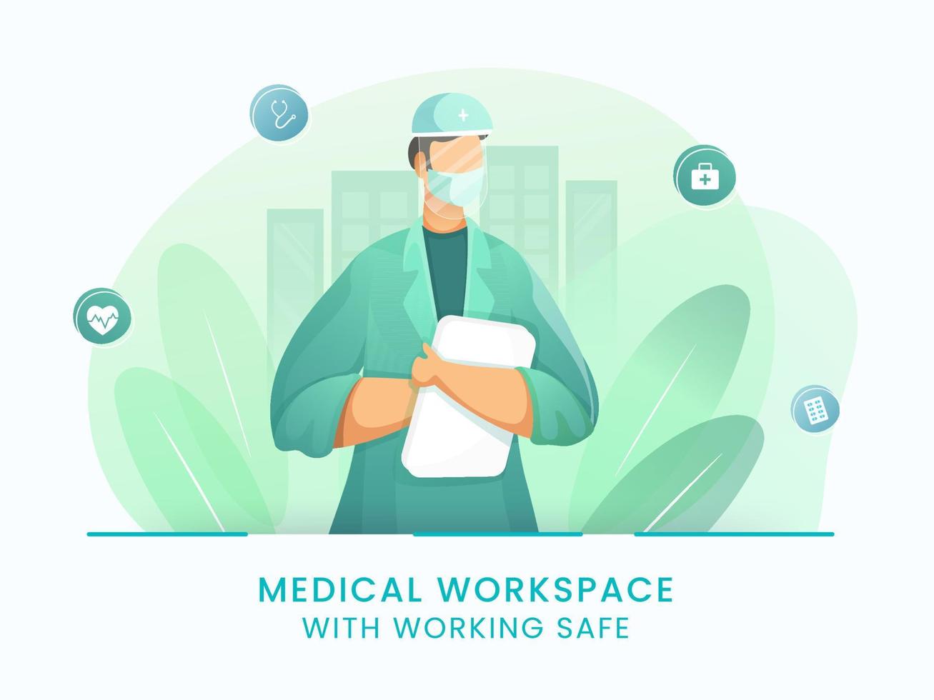 Faceless Doctor Man Wearing Medical Mask, Face Shield And Holding File Report On Green Leaves And White Background For Stop Coronavirus. vector