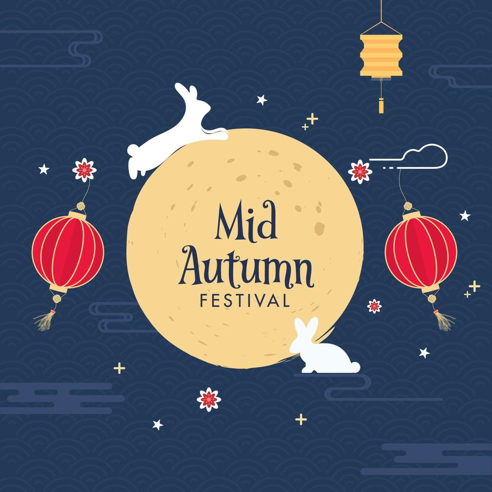 medio otoño festival concepto con silueta conejitos, flores y colgando chino linternas decorado en azul superposición semi circulo antecedentes. vector