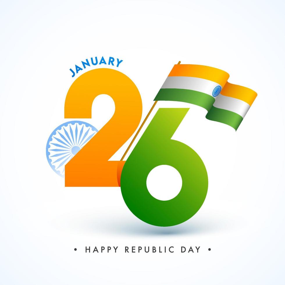 26th January Text With Wavy Indian Flag On White Background For Happy Republic Day Celebration. vector