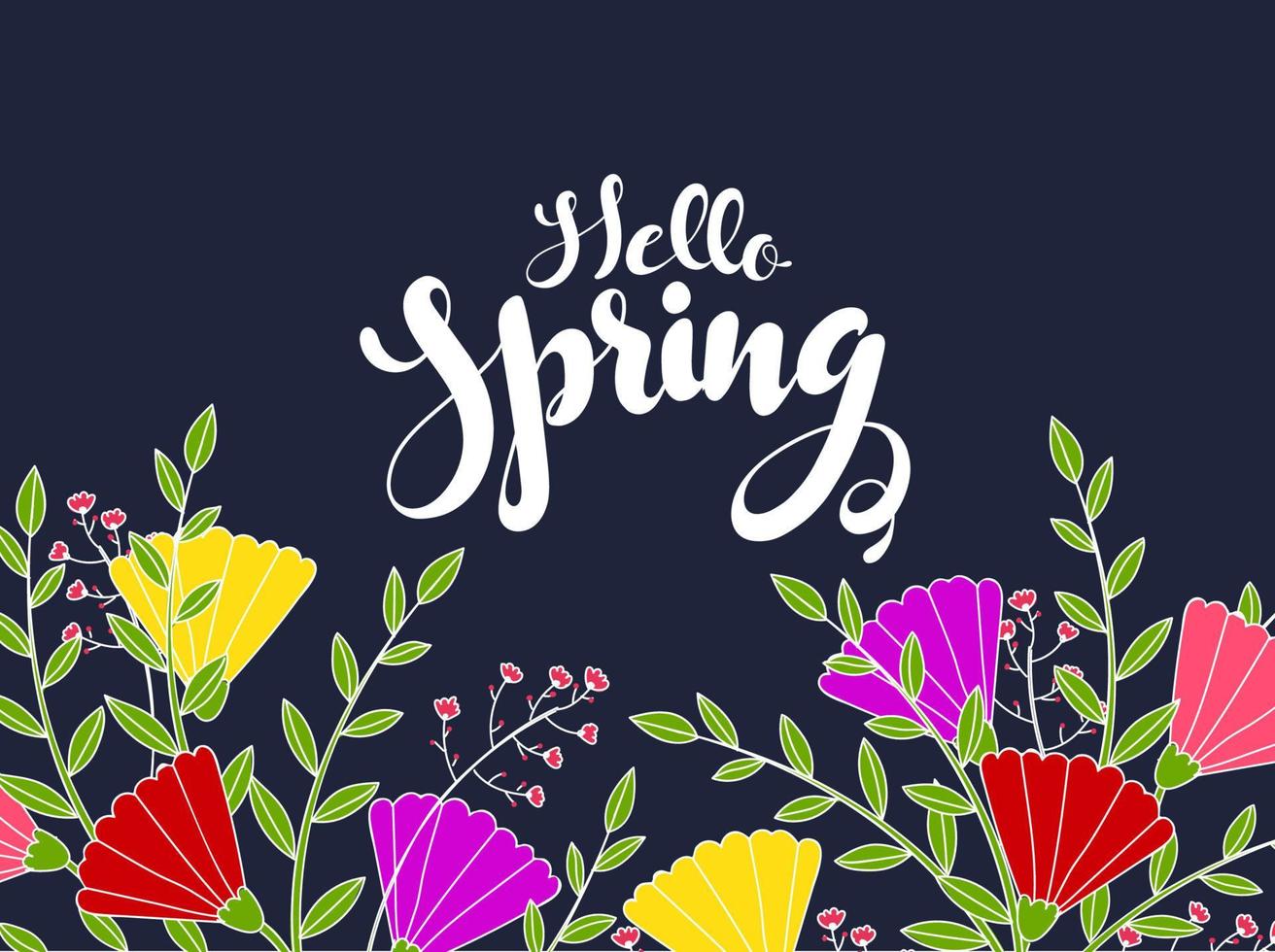 Hello Spring Calligraphy with Colorful Flowers and Leaves Decorated on Blue Background. vector