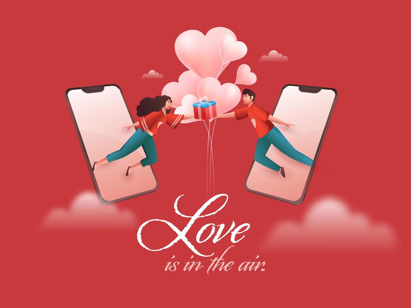 Young Couple Holding A Gift Box With Heart Balloons Through Smartphone On Red Background For Love Is In The Air Concept. vector