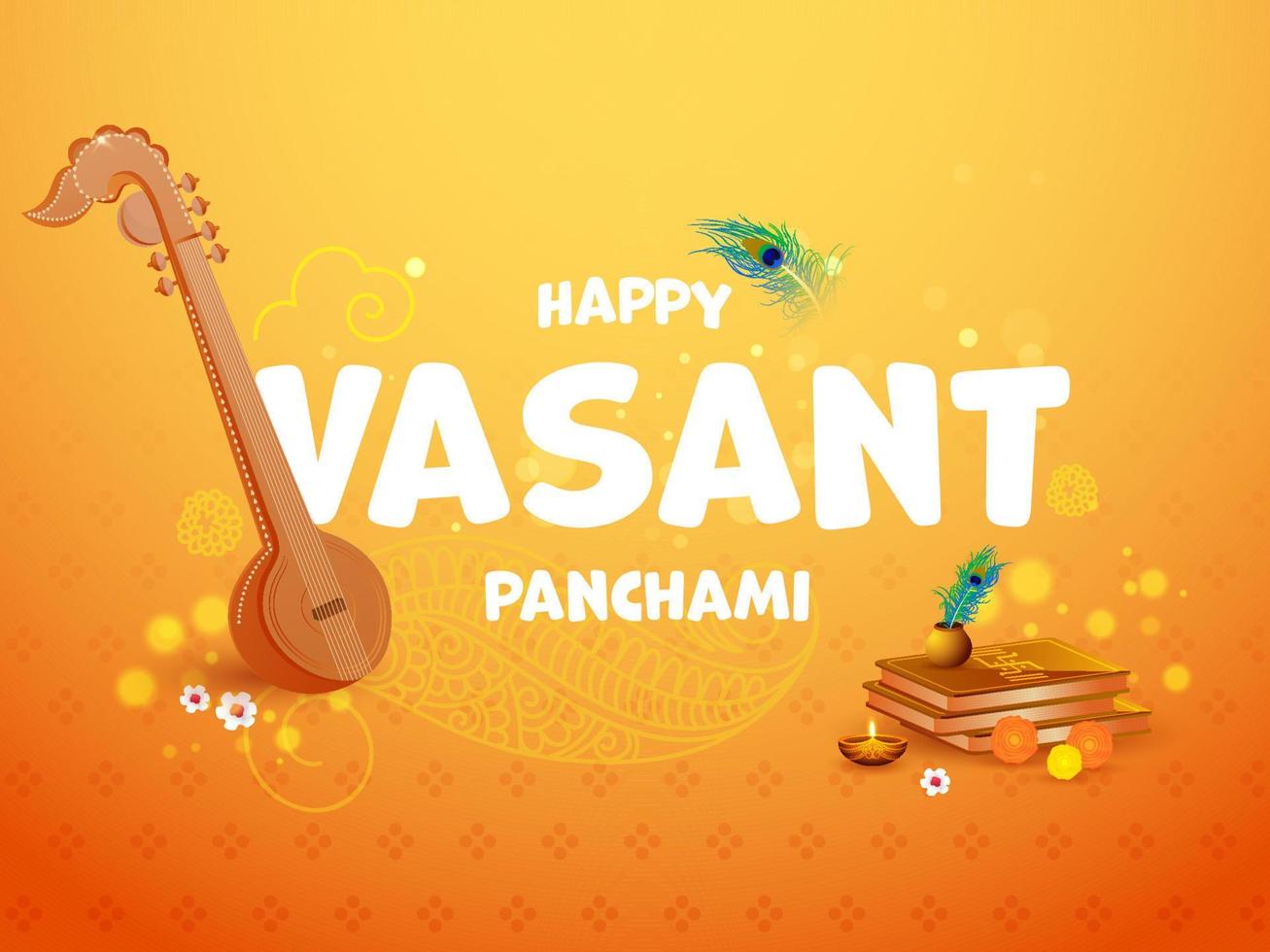 feliz vasant panchami texto con veena instrumento, santo libros, flores, iluminado petróleo lámpara en degradado naranja antecedentes. vector