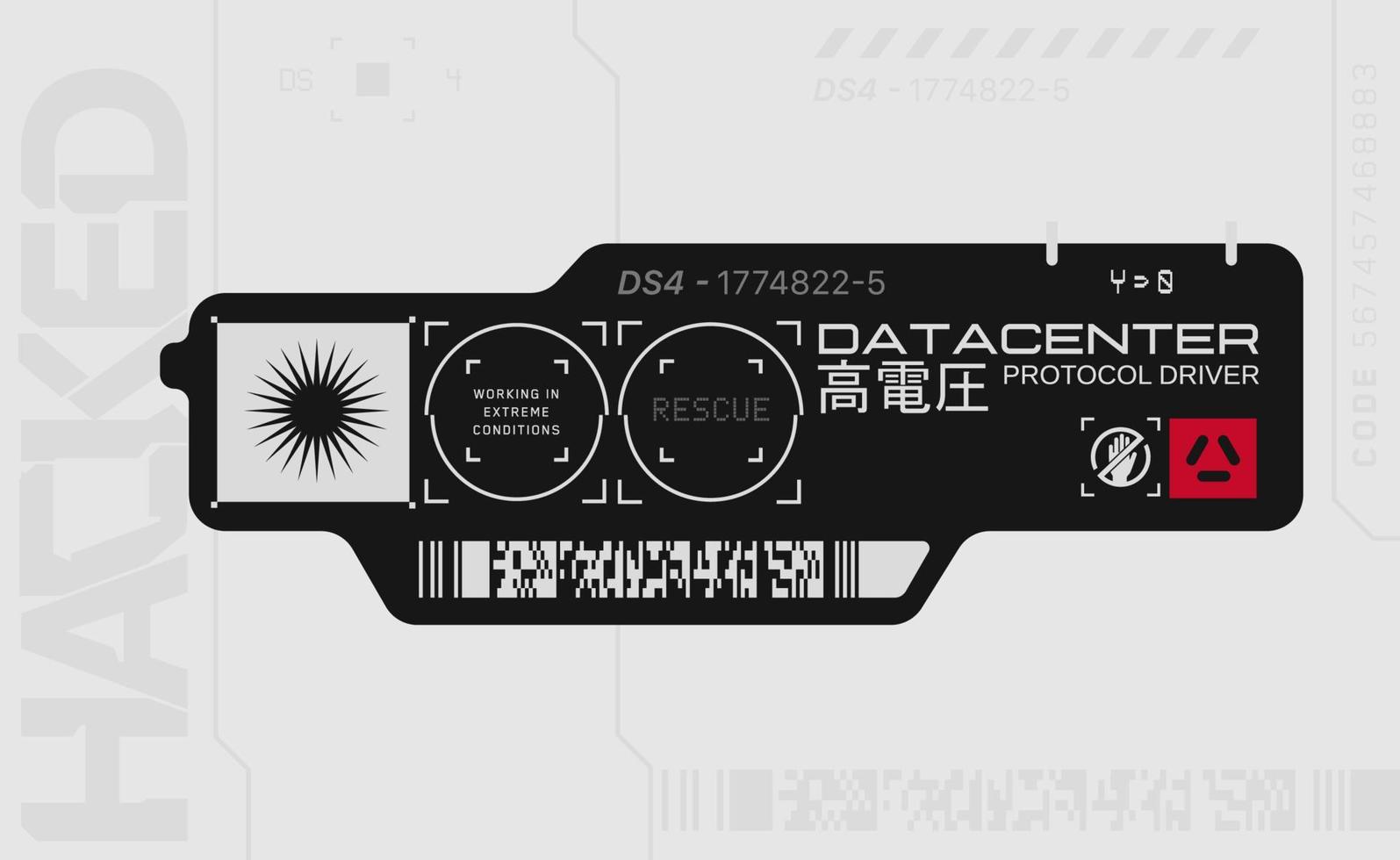 Cyberpunk decal. Vector sticker, label in futuristic style. Inscriptions and symbols, Japanese hieroglyphs for attention, high voltage.