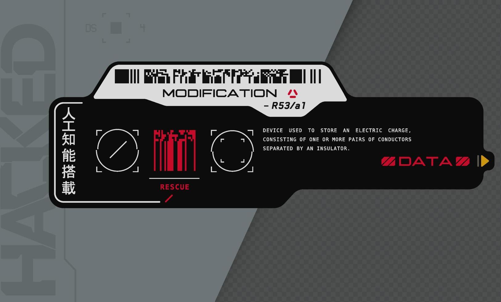 cyberpunk calcomanía vector pegatina, etiqueta en futurista estilo. inscripciones y símbolos, japonés jeroglíficos para ai revisado, advertencia.