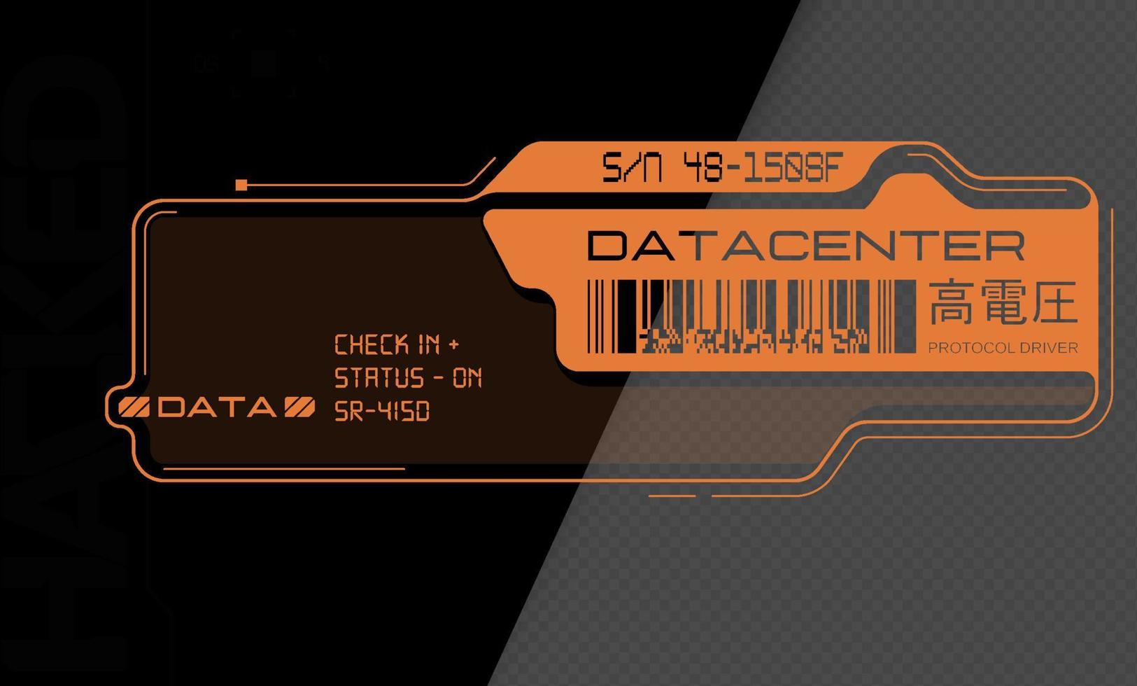 Cyberpunk decal. Vector sticker, label in futuristic style. Inscriptions and symbols, Japanese hieroglyphs for attention, high voltage.