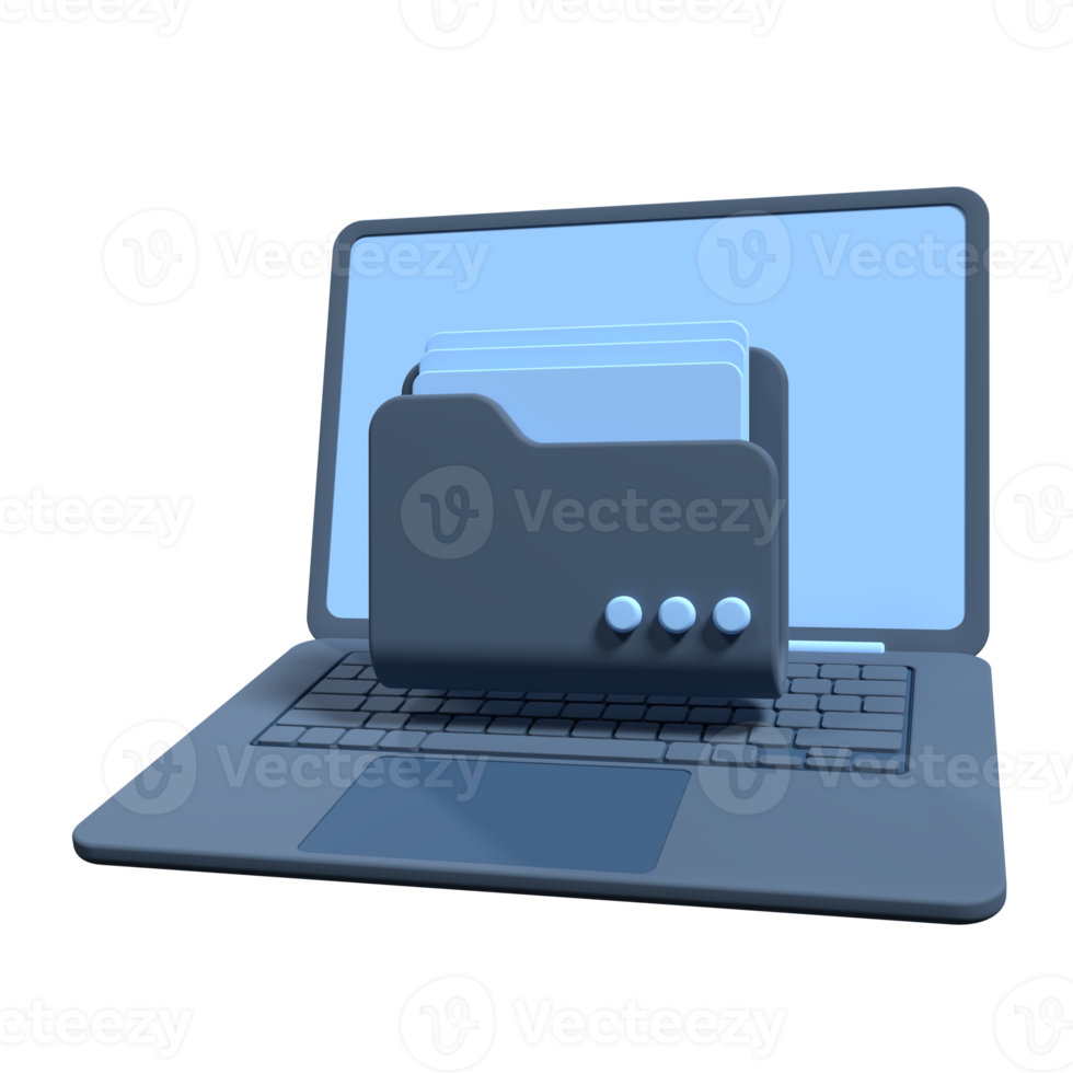 3d file folder on laptop screen. Laptop and files. Document folder. Storage share data. 3d rendering illustration png