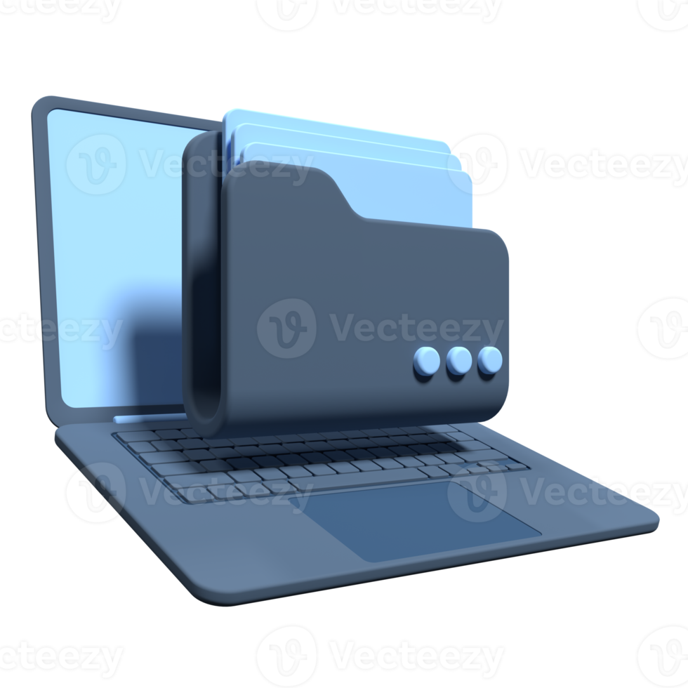 3d het dossier map Aan laptop scherm. laptop en bestanden. document map. opslagruimte delen gegevens. 3d renderen illustratie png