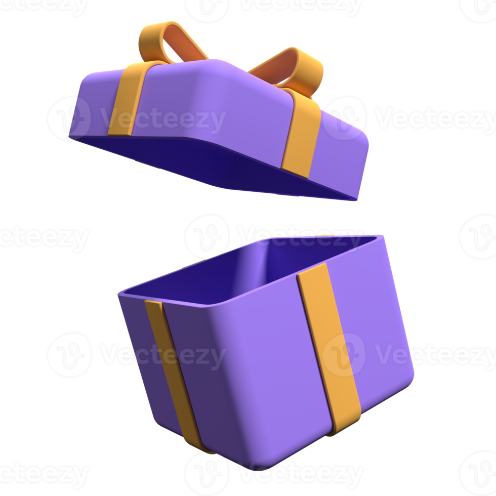 Gift box with ribbon isolated on transparent background. Open gift box. Minimal surprise package. 3d rendering illustration png