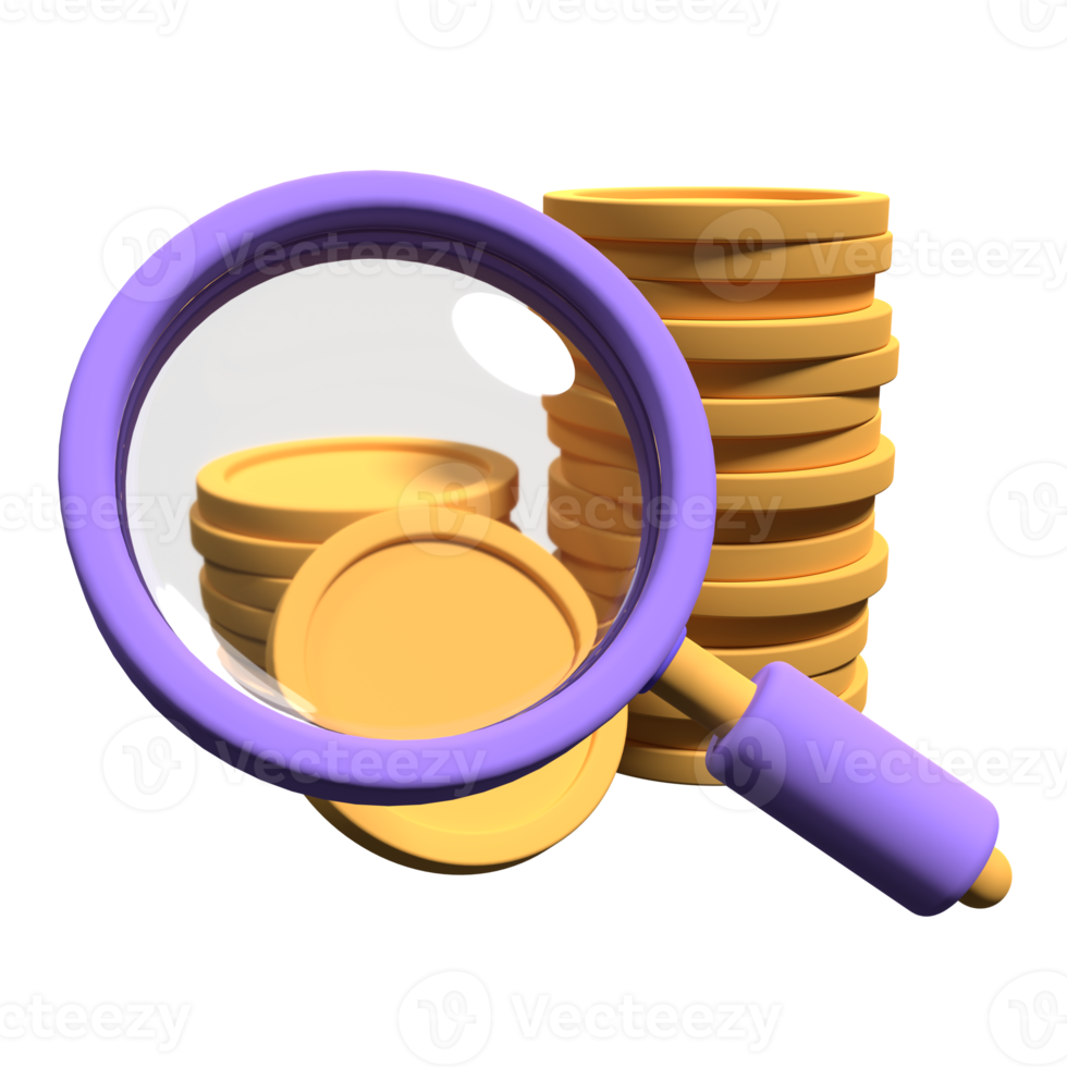 Magnifying glass with stack of coins. Dollar and magnifying glass isolated on transparent background. Business research concept. 3d rendering illustration png