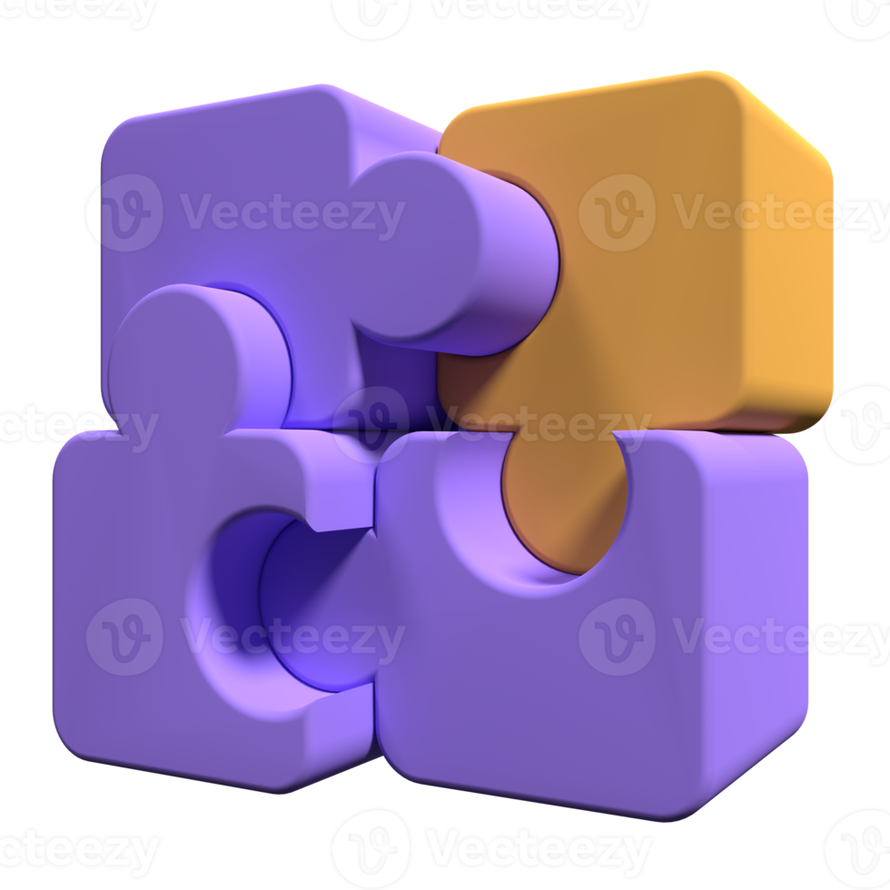 3d jigsaw puzzle pieces on transparent background. United four puzzles. Symbol of teamwork. Business concept. 3d render illustration png