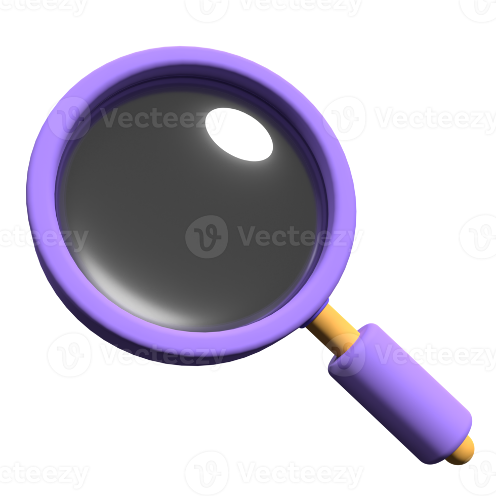 3D magnifying glass. Finding or searching business ideas concept. Cartoon big magnifying glass lens. Search icon. 3d rendering png