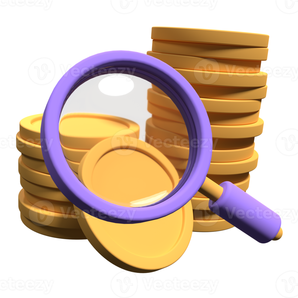 Magnifying glass with stack of coins. Dollar and magnifying glass isolated on transparent background. Business research concept. 3d rendering illustration png