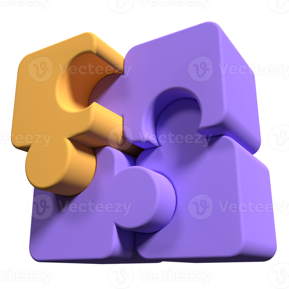 3d quebra-cabeças enigma peças em transparente fundo. Unidos quatro quebra-cabeças. símbolo do trabalho em equipe. o negócio conceito. 3d render ilustração png