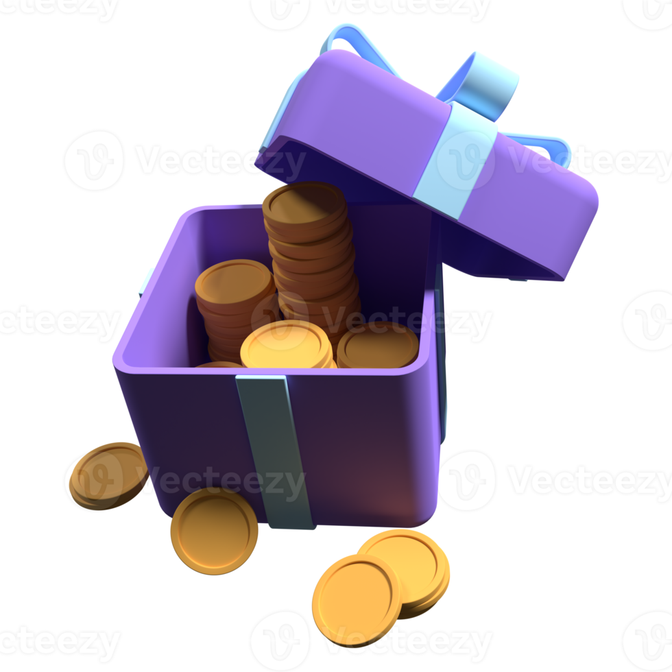 3d open gift box with coins and ribbon. Money prize reward. Earn point and get rewards. 3d rendering illustration png