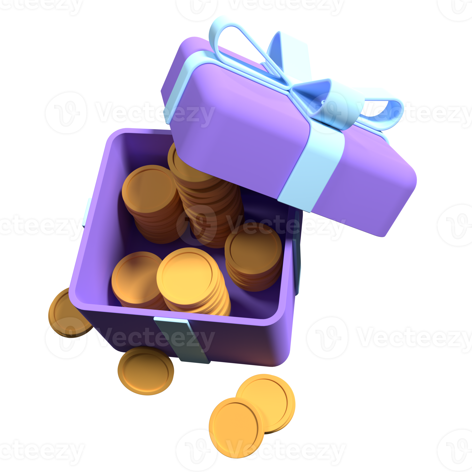 3d open gift box with coins and ribbon. Money prize reward. Earn point