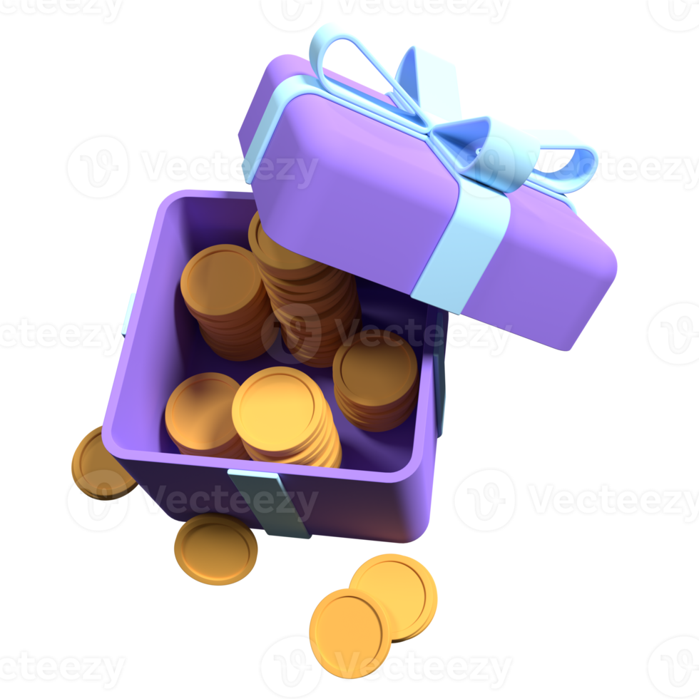 3d open gift box with coins and ribbon. Money prize reward. Earn point and get rewards. 3d rendering illustration png