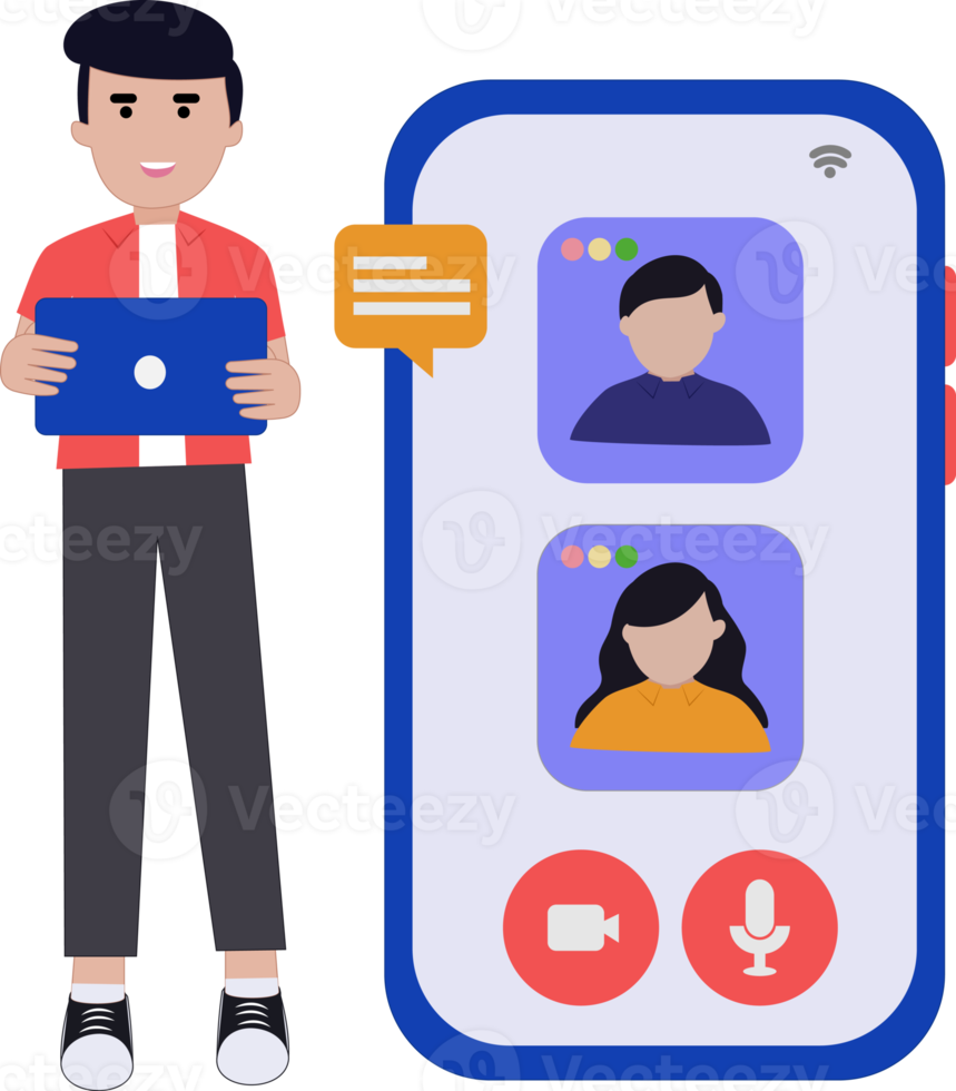 video call with business partner illustration. online group video call with smartphone. illustration of a video call with a friend using a mobile phone png