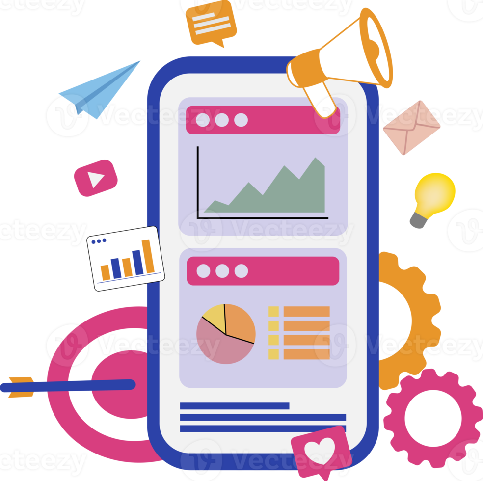 móvil márketing con teléfono inteligente y altoparlante. ilustración de en línea márketing utilizando móvil Los telefonos y sonido Altavoces png