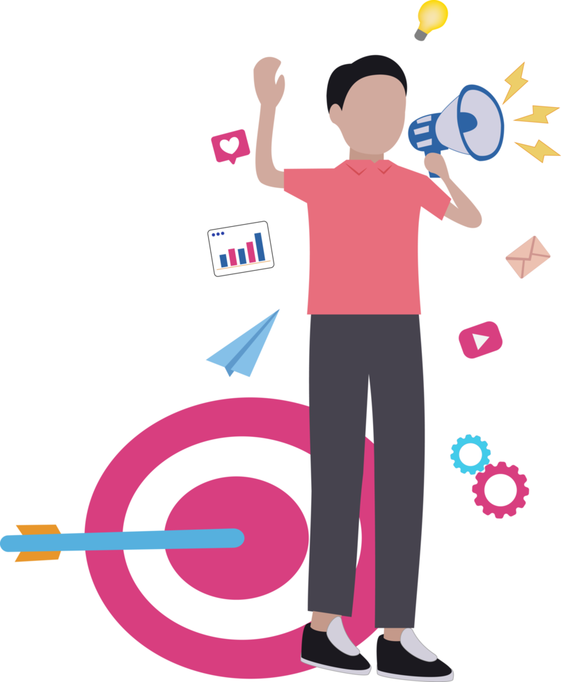 man achieves digital marketing target. man working in shopping sales. illustration of a man doing marketing using a megaphone png