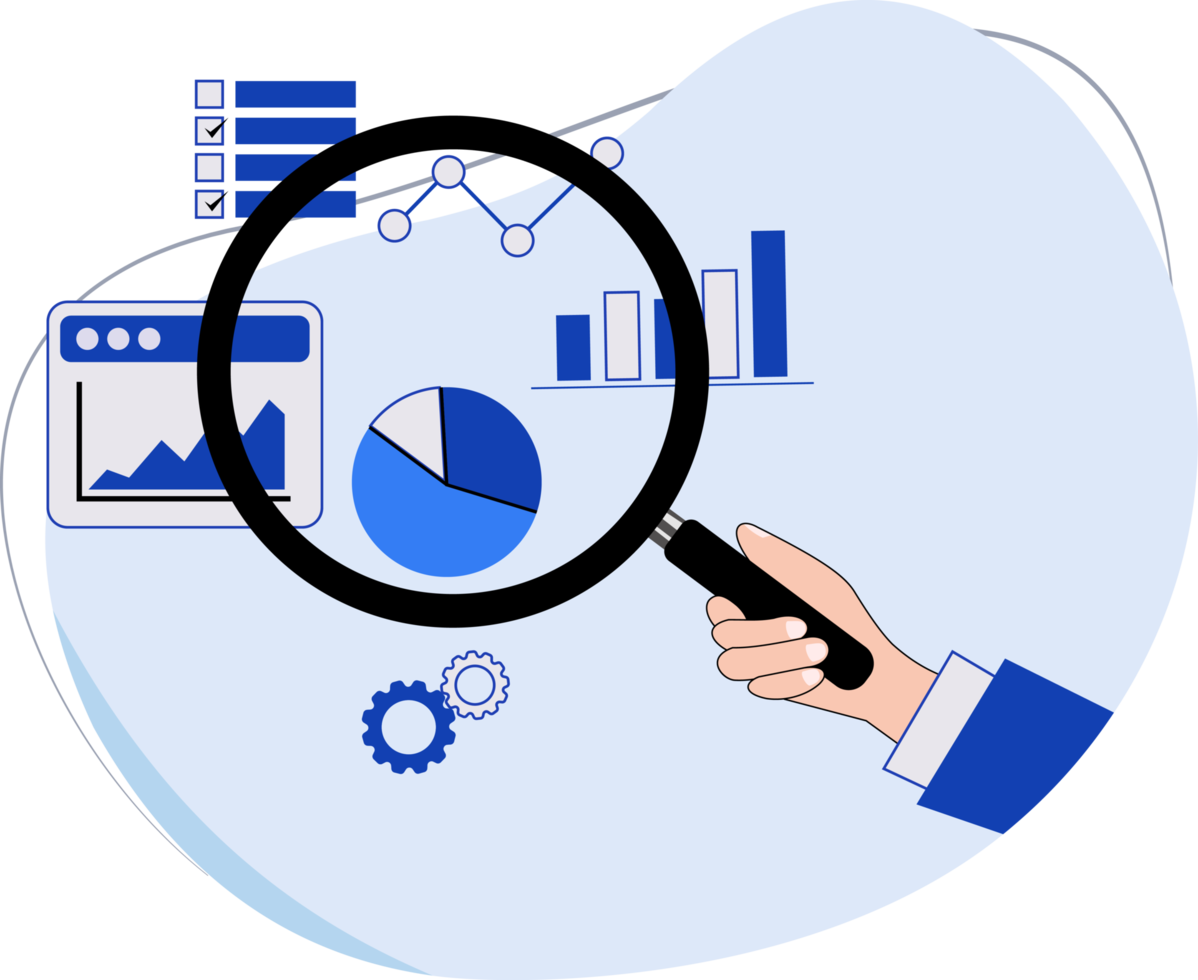 illustration of business man doing data analysis using magnifying glass. data analytics makes predictions of future business png