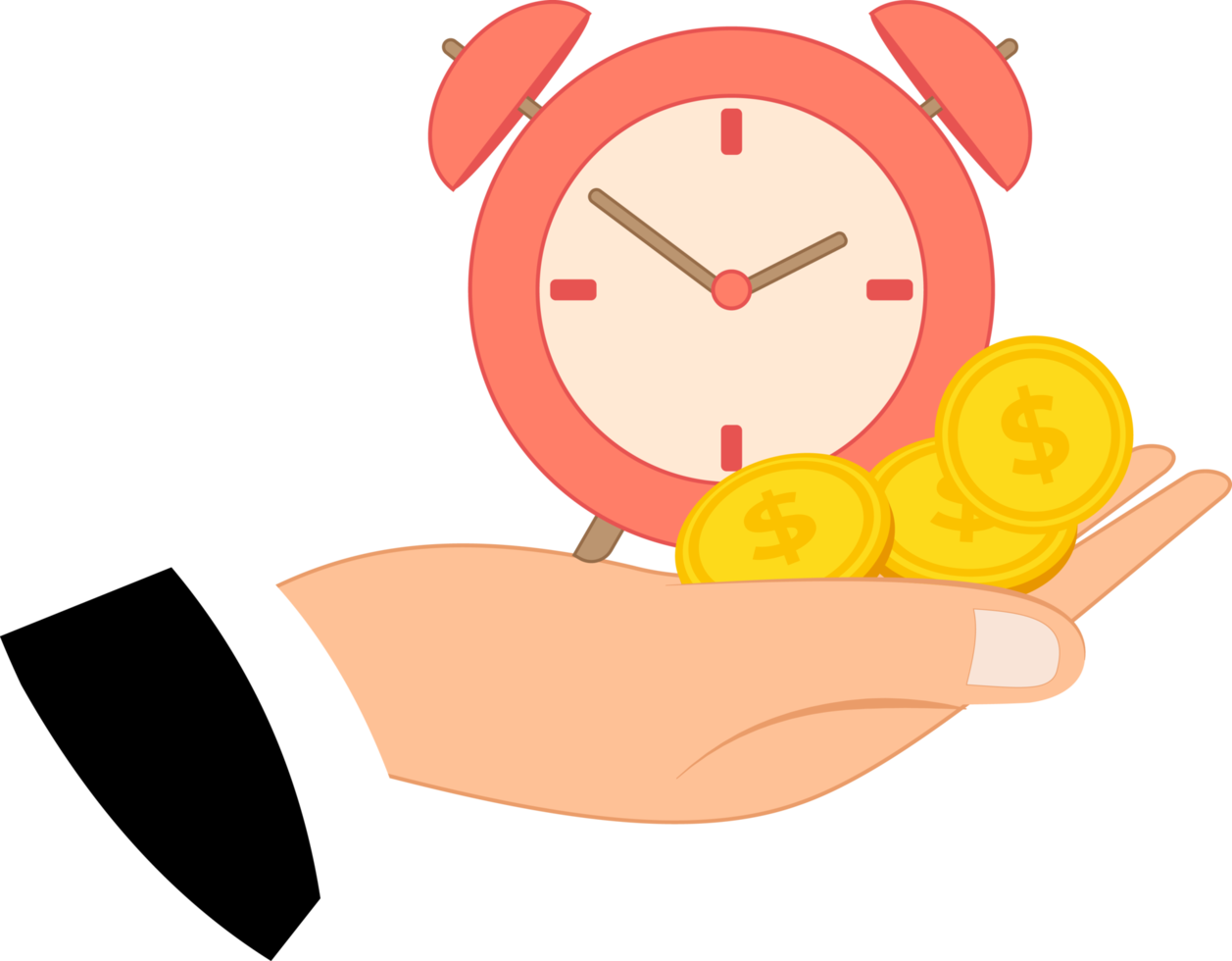 illustration of a hand holding an alarm clock and coins. time management concept. time is money png